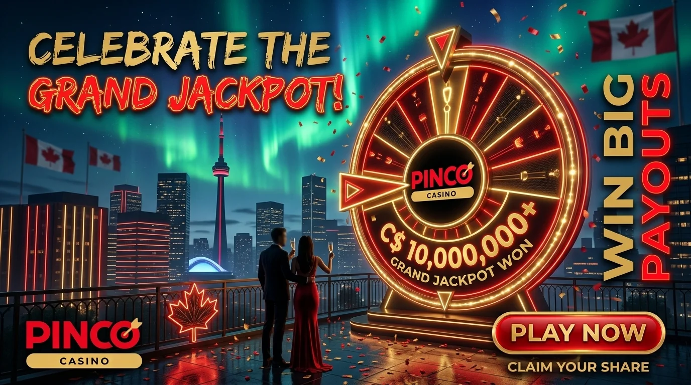 Two people on a terrace at night facing a large prize wheel, with a city skyline behind them.
