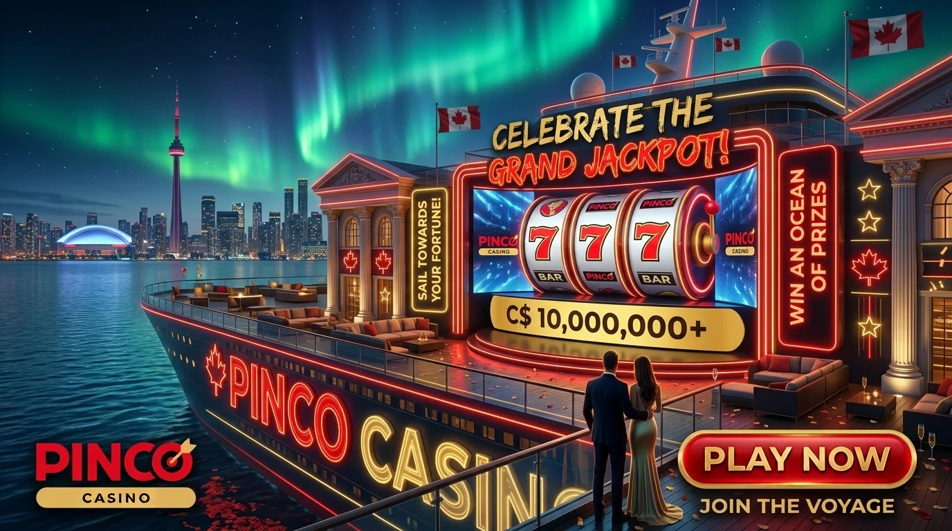 A lit boat at night with slot reels, and a city skyline under green northern lights.